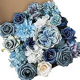 Kisflower Blue Flowers Artificial Combo Cake Flowers Decorations Fake Silk Roses Dahlia Peony Flowers Gift Box for DIY Wedding Bridal Bouquet Centerpieces Arrangements (Dusty Blue)