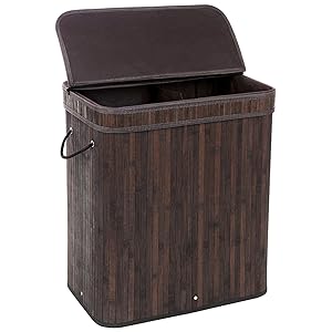 SONGMICS Divided Bamboo Laundry Basket Double Hamper with Lid Liner and Handles Two-Section Clothes Storage Rectangular Dark Brown ULCB64B
