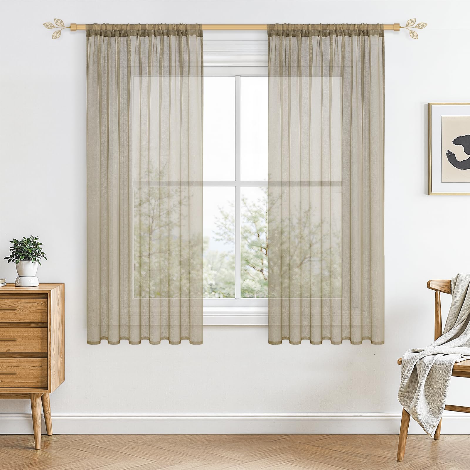 CUTEWIND Pair of Modern Beige/Ivory Drop Sheer Curtains 54 Inch Length Voile Top Curtains for Warm Cafe Window Bedroom Living Room Balcony Nursery Decor Rod Pocket 2 Panels(Beige,55" x 54")