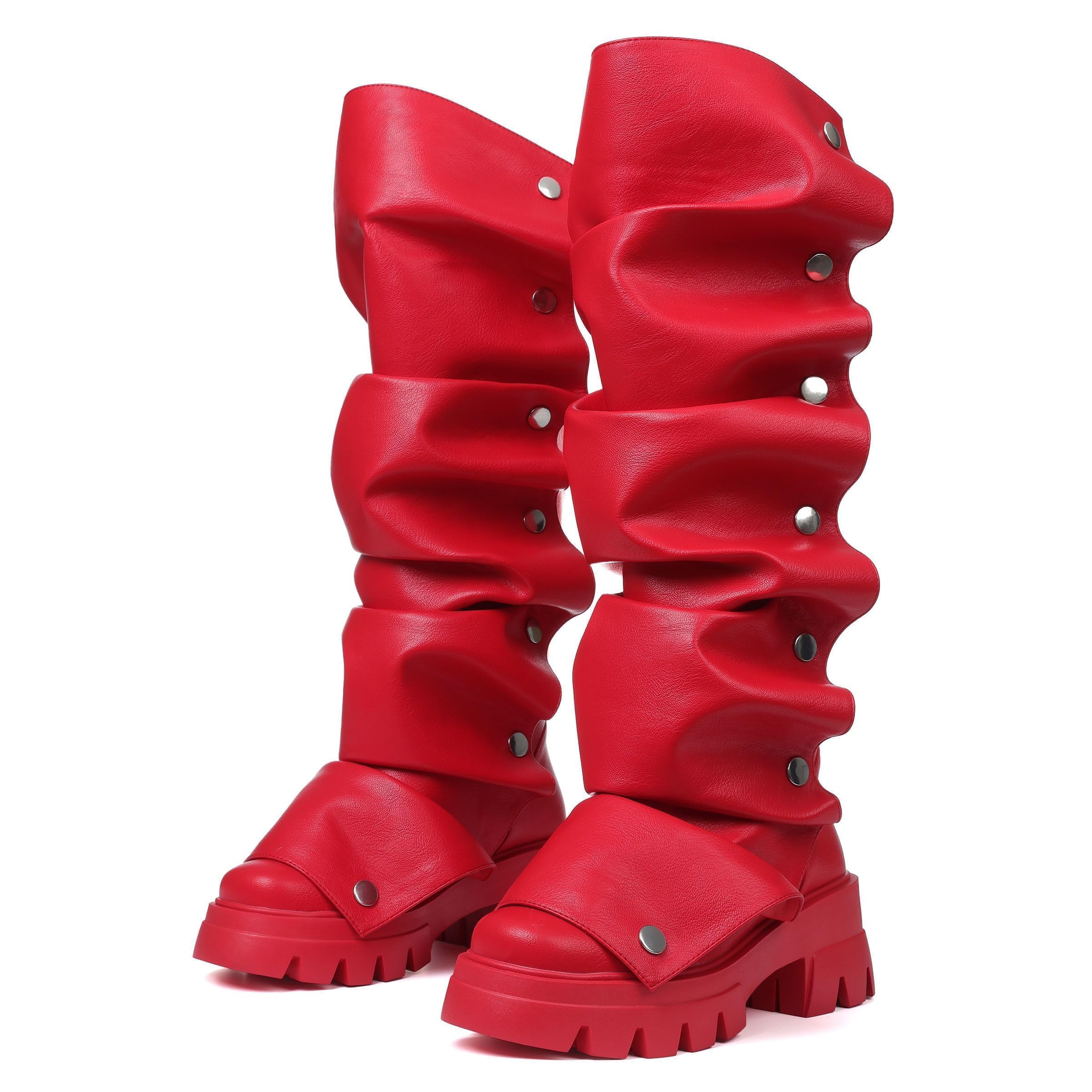 Photo 1 of femflame Platform Boots Fold Over Knee High Boots Slouchy Ruched Stacked Heel Round Toe Boot Pull On Leather Wide Calf Tall Fall Long Boot-9.5