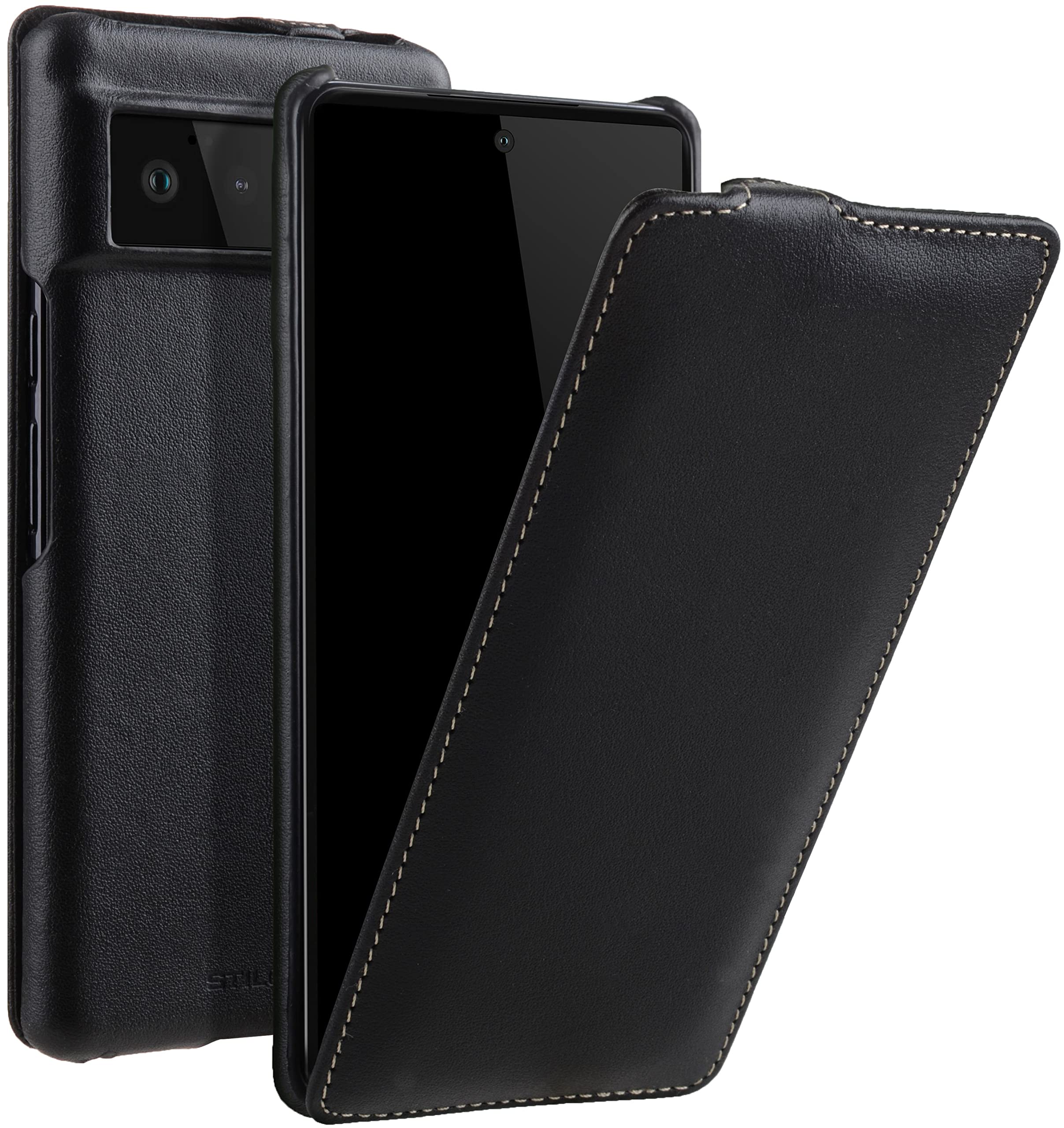 StilGut UltraSlim Compatible with Google Pixel 6 Phone Case - Pixel 6 Leather Flip Phone Case - Black Nappa