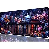 Purple Bookshelf Large Mouse Pad Floral Books Magic Fantasy Witchy Mousepad XL Large Gaming Mouse Pad Laptop Keyboard Mat Desk Pad Office Computer Keyboard Laptop Home, 31.5x11.8 Inch