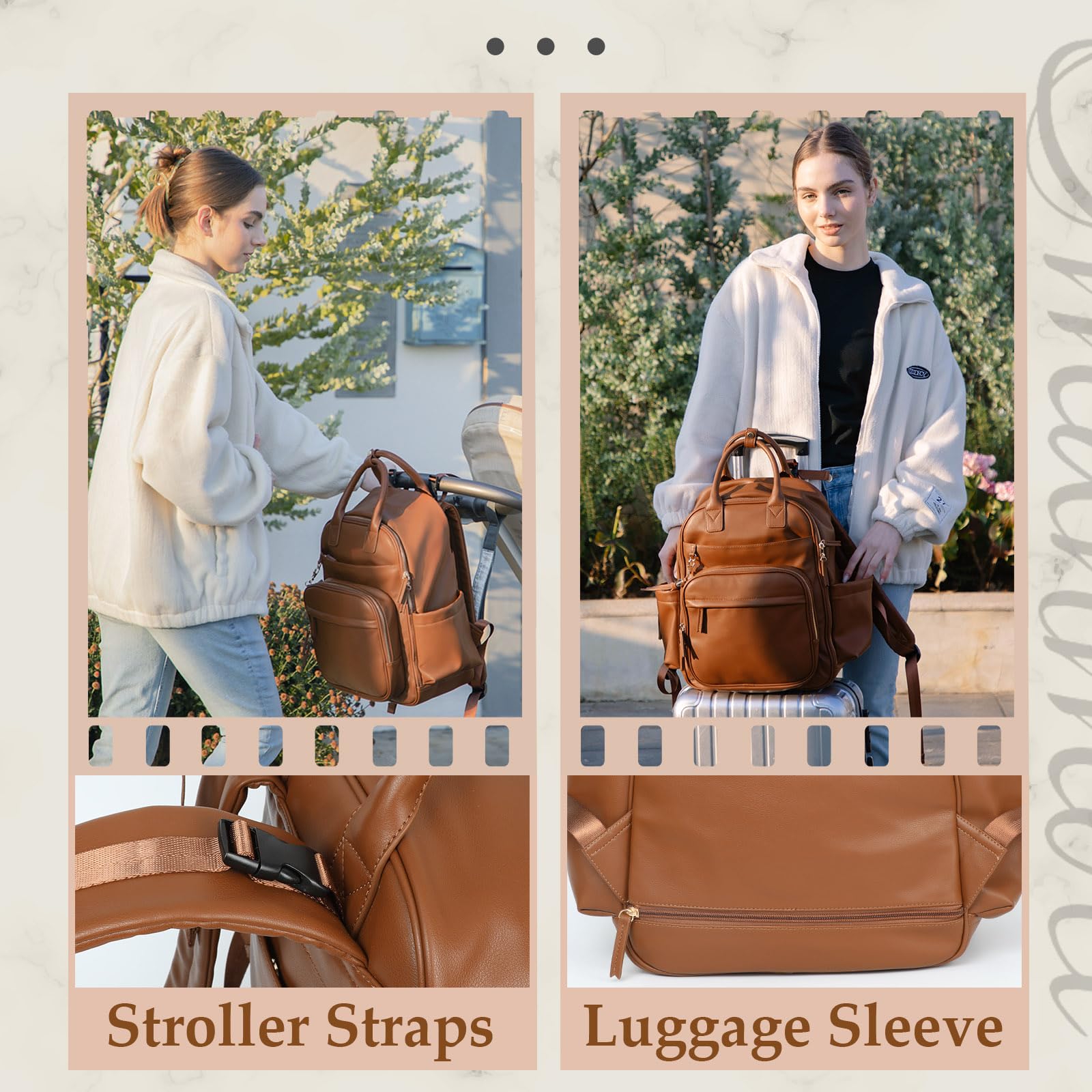 Diaper Bag Backpack,Leather Baby Bag with 16 Pockets,Large Travel Diaper Backpack,Baby Essential Organizer,4 Insulated Pockets,Changing Pad,Brown