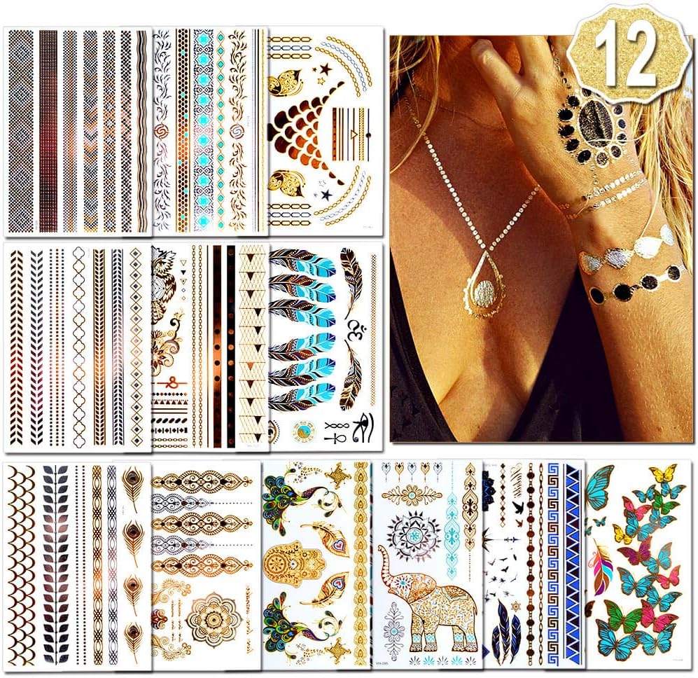 AniSqui Gold Tattoos for Women (12 Sheets Waterproof Festival), Temporary Fake Tattoos for Girls, 12 Count (Pack of 1)