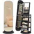 SONGMICS LED Jewelry Cabinet, 360° Swivel Jewelry Organizer, Lockable Mirror Jewelry Cabinet Standing, Rounded Wide Full-Length Mirror with Storage Shelves, Interior Mirror, Ebony Black UJJC036B01