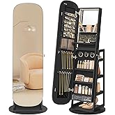 SONGMICS LED Jewelry Cabinet, 360° Swivel Jewelry Organizer, Lockable Mirror Jewelry Cabinet Standing, Rounded Wide Full-Length Mirror with Storage Shelves, Interior Mirror, Ebony Black UJJC036B01