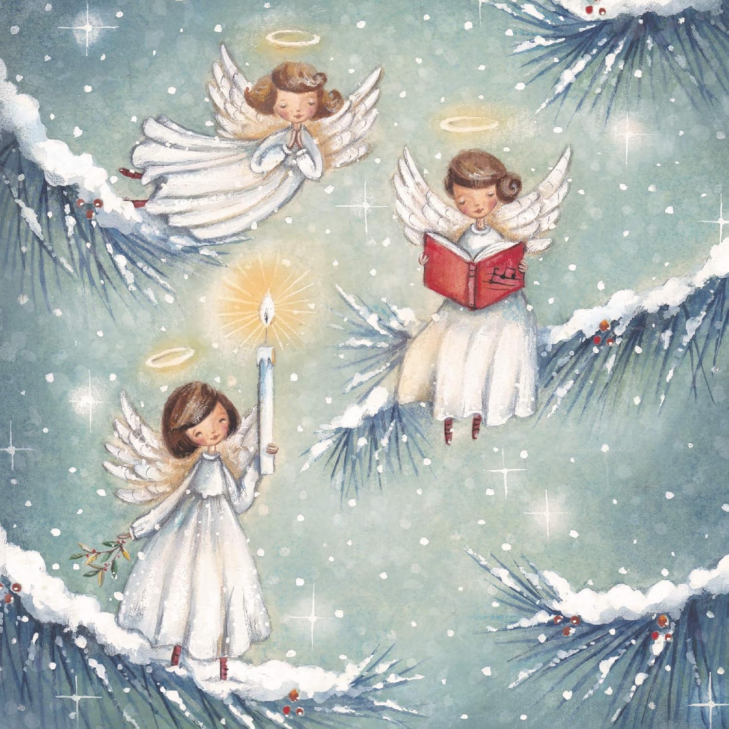 Pack of 6 Charity Christmas Cards (MED-CHMT0033), Angels on Branches, 6 Lovely Artistic Christmas Cards From Medici