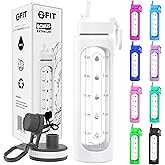 FIT Strong & Healthy 32 oz Glass Water Bottle with Straw Lid - Wide Mouth Borosilicate Glass Water Bottles with Time Marker, Silicone Sleeve & Extra Lid - 1L Large Motivational Drinking Bottle