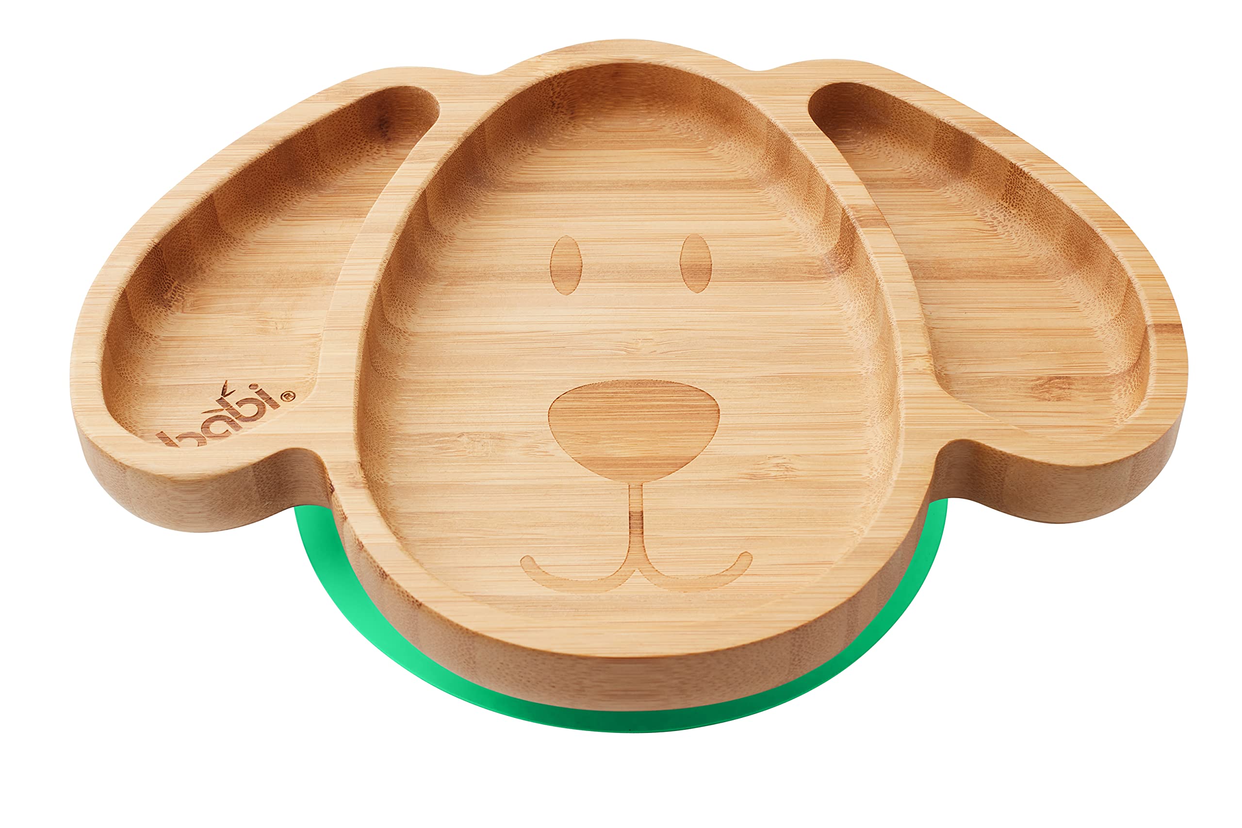 BABI® Baby Toddler Large Dog Plate, Natural Bamboo, with Stay Put Silicone Suction Ring (Green)