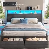PHGLL Queen Bed Frame with 2-Layer Storage Headboard, Platform Metal Bed Frame with 2 Storage Drawers &amp; 20W Fast-Charging Station &amp; LED, Noise-Free, No Box Spring Needed, Easy Assembly, Rustic Grey