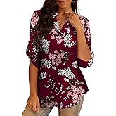 a.Jesdani Women's Plus Size Tops 3/4 Roll Sleeve Shirts V Neck Blouses Tunic Top