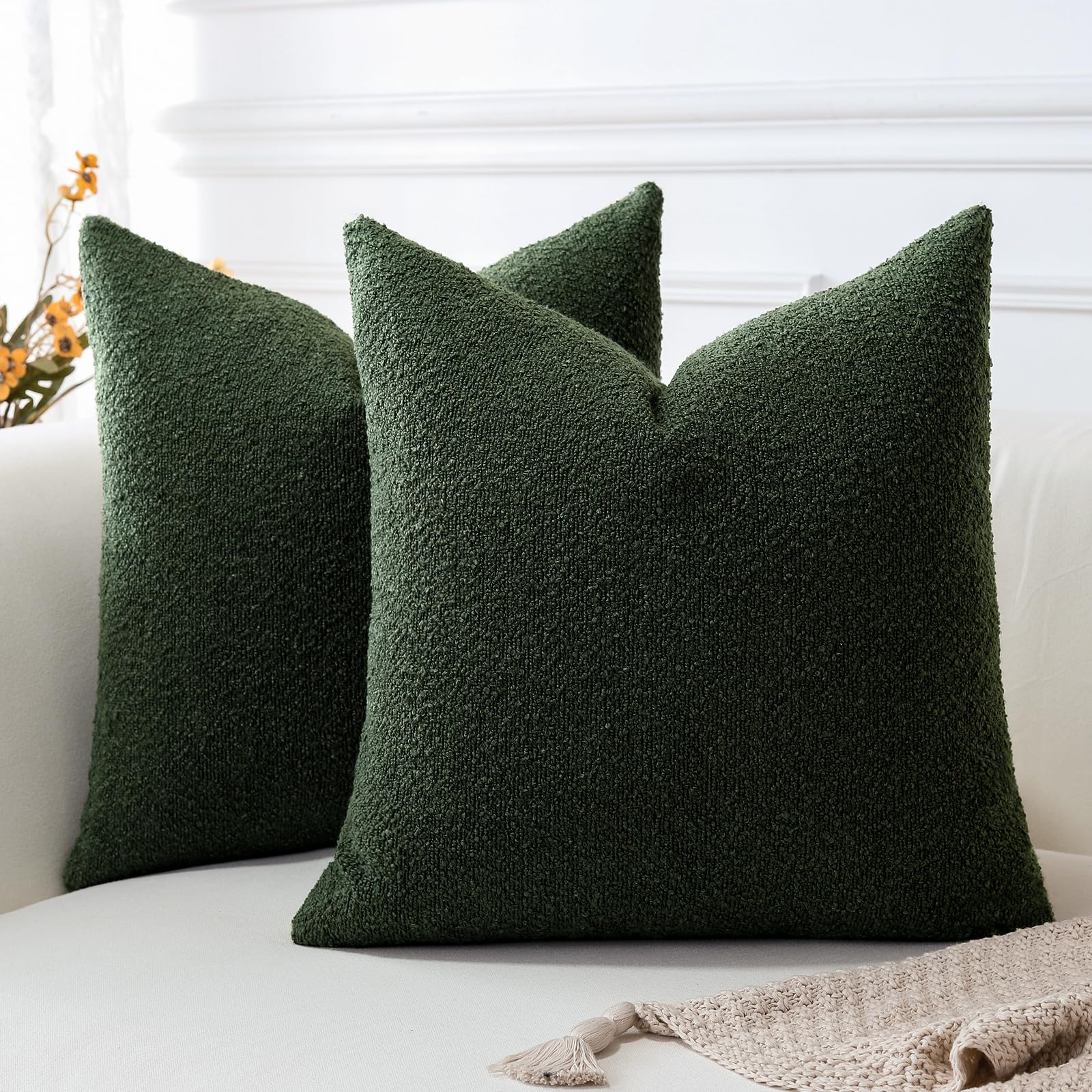 Photo 1 of (BAGGED) (USED/FAIR) OTOSTAR Pack of 2 Textured Boucle Throw Pillow Covers Square Pillow Cases Cozy Soft Decorative Couch Cushion Case for Chair Sofa Bedroom Living Room Home Decor 24 x 24 Inch, Forest Green
