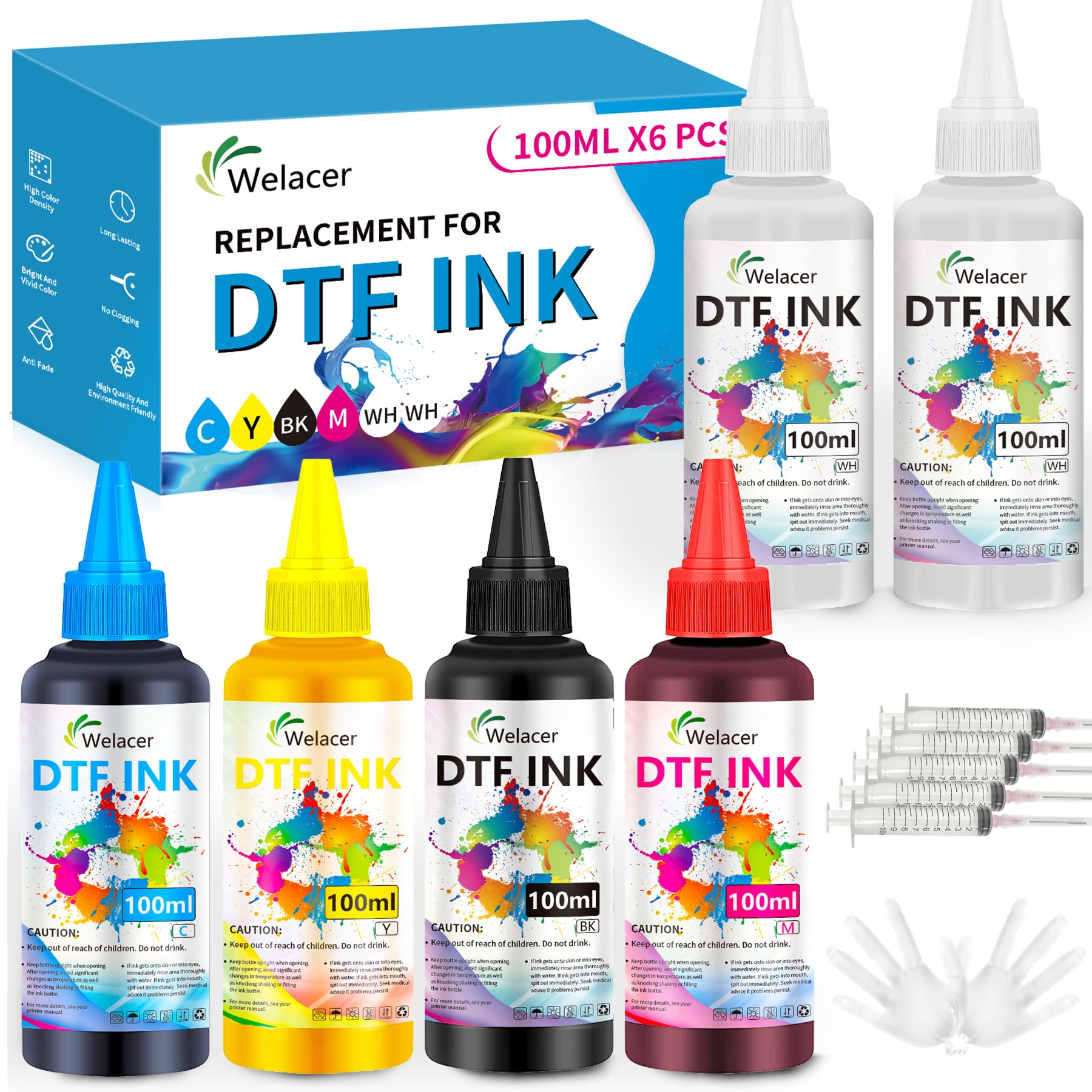 Photo 1 of Welacer DTF Ink for ET-8550, ET-2850 L1800, R1390, I3200, XP600, XP-15000, DX5 DX7, TX800, L800, 1430, P400, 6x100ml Heat Transfer Ink Conversion Kit Refill for All DTF Printers,for DTF Film