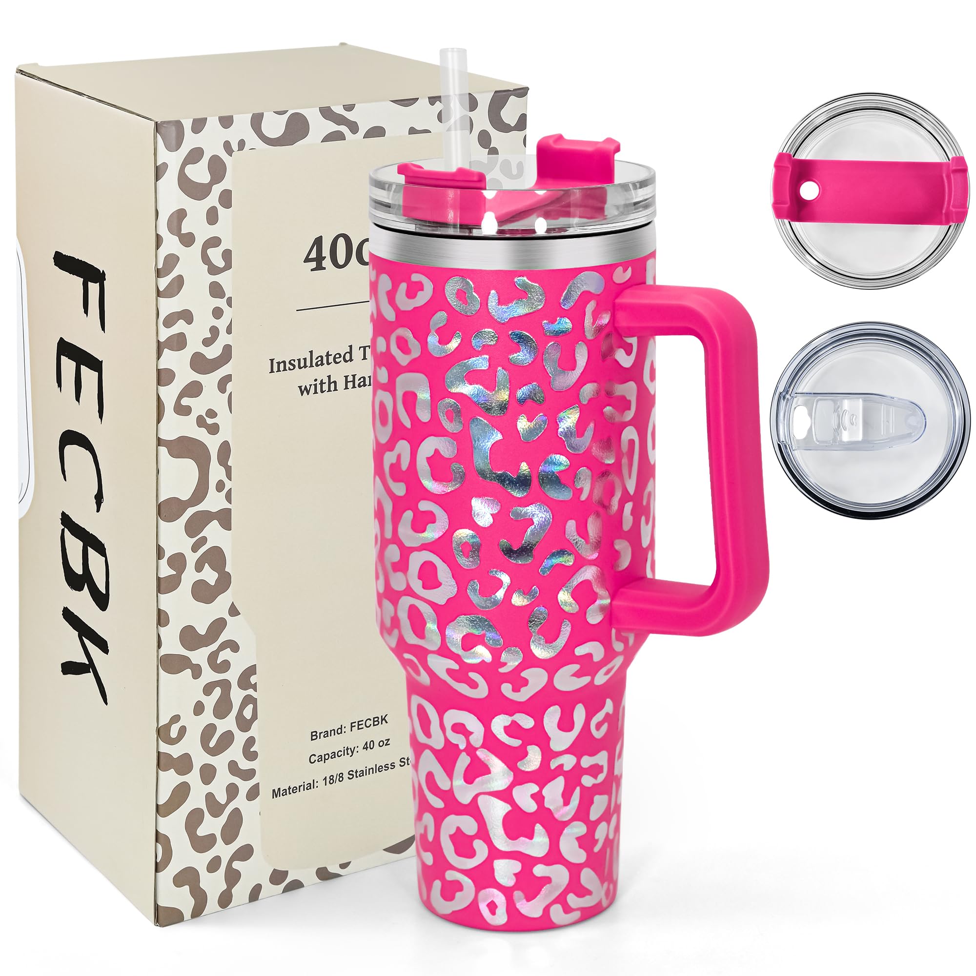FECBK 40oz Tumbler with Straw and Lid 1.2L, 100% Leak-Proof Travel Mug with Handle, Stainless Steel Vacuum Insulated Water Bottle Coffee Cup Keeps Cold 34H / Hot 12H, Hot Pink Leopard — image 1