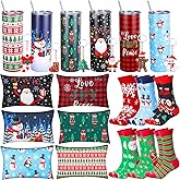 Sieral 24 Pcs Christmas Gifts Bulk for Women 6 Sets 20 oz Stainless Steel Tumblers with Lid and Straw Makeup Bags Winter Socks Xmas Keychains for Women Men Coworker Employee Christmas Party Favors