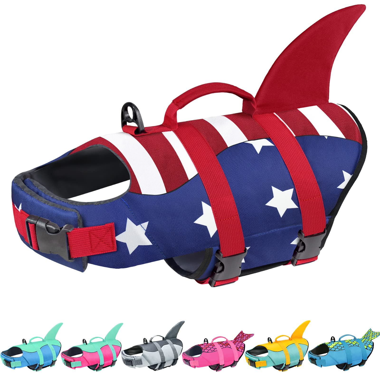 Photo 1 of Malier Dog Life Jacket, High Buoyancy Shark Swimsuit, Ripstop American Flag, Medium, Red & Dark Blue