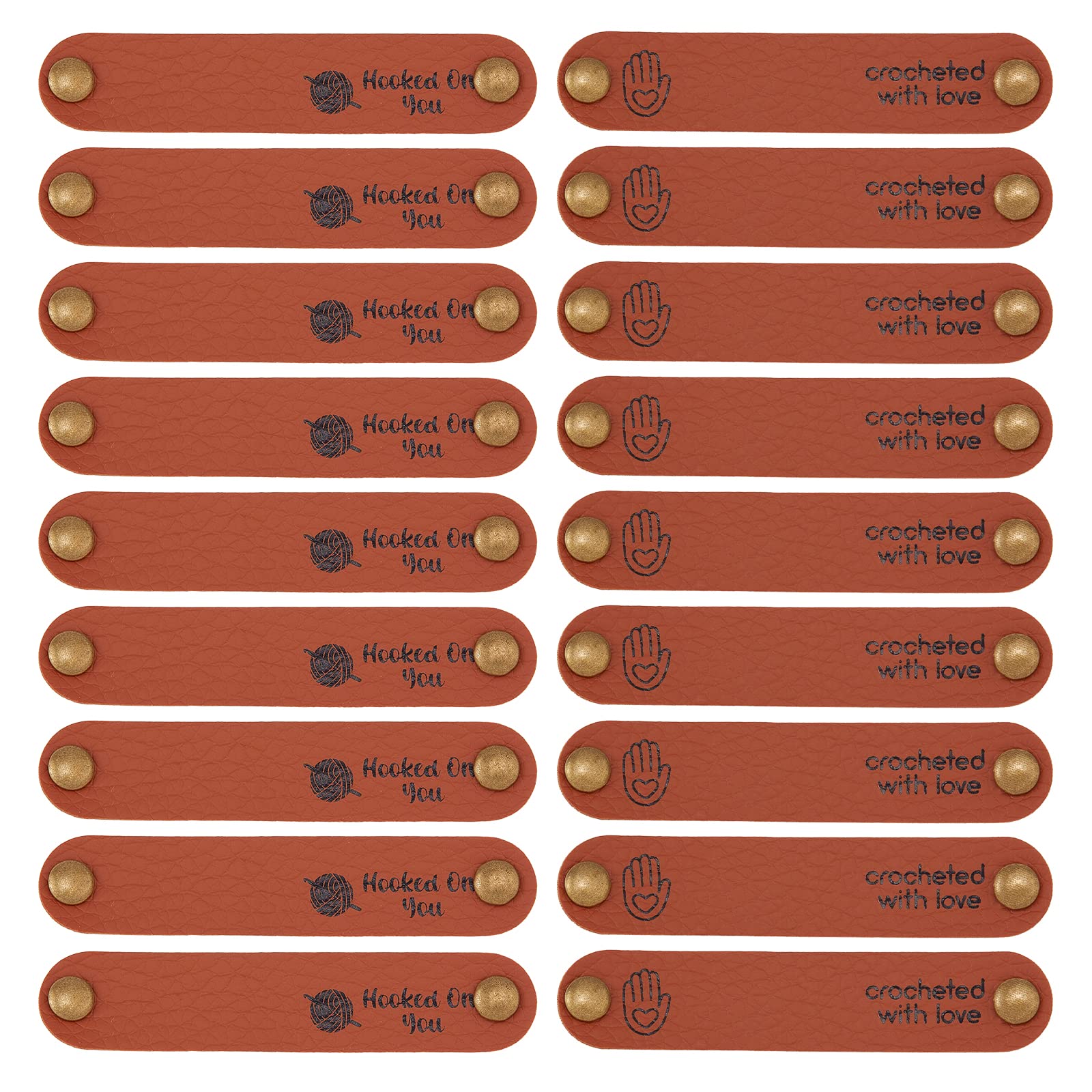 FINGERINSPIRE 30 Sets 2 Styles Hand Made Embossed Tag PU Leather Label with Pattern & 2 Rivet 12x65mm Brown Leather Tag Button Oval Crocheted with Love/Hooked on You Tags for Jeans Bag Shoes Hat