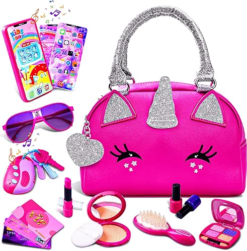 FFTROC Unicorns Pretend Play Toddler Girl Purse with Makeup Toys