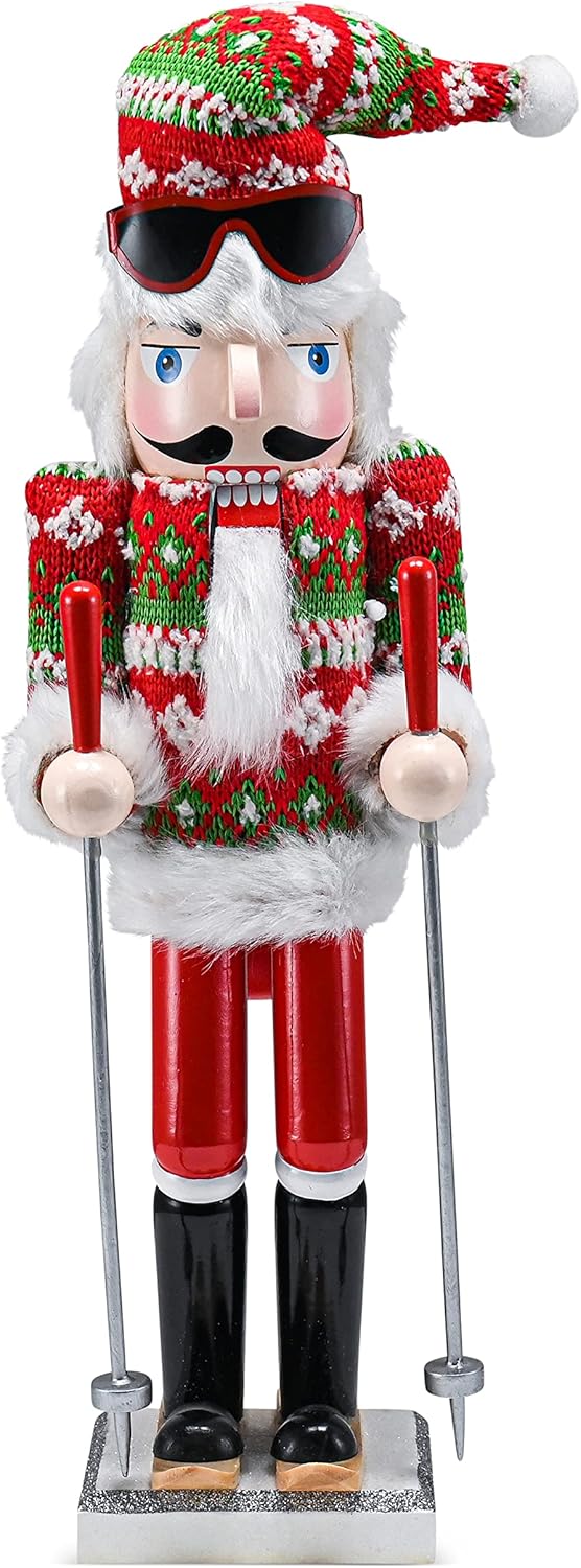 Nutcrackers - Ornativity Christmas Skier Man Nutcracker – Red and Green Wooden Nutcracker Guy with Ugly Sweater and Ski Sticks in Skiing Pose Xmas Themed Holiday Nut Cracker Doll Figure Decorations