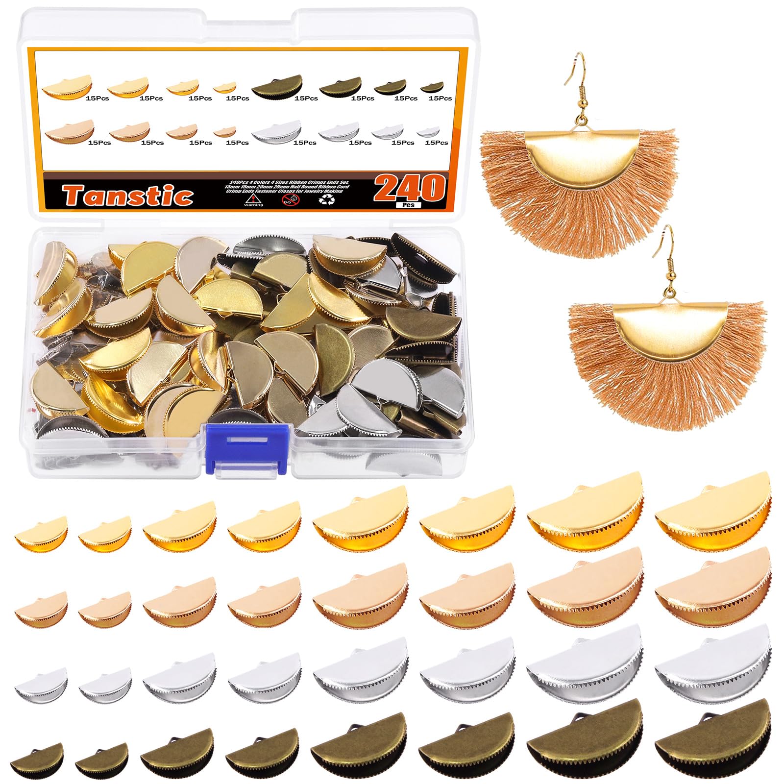 Tanstic 240Pcs 4 Colors 4 Sizes Pinch Crimp Ends Kit, Half Round Ribbon Ends Crimps Ribbon Clamp Ends Bookmark Pinch Crimp Cord Ends Leather Crimp Ends Fastener Clasps for Jewelry Making