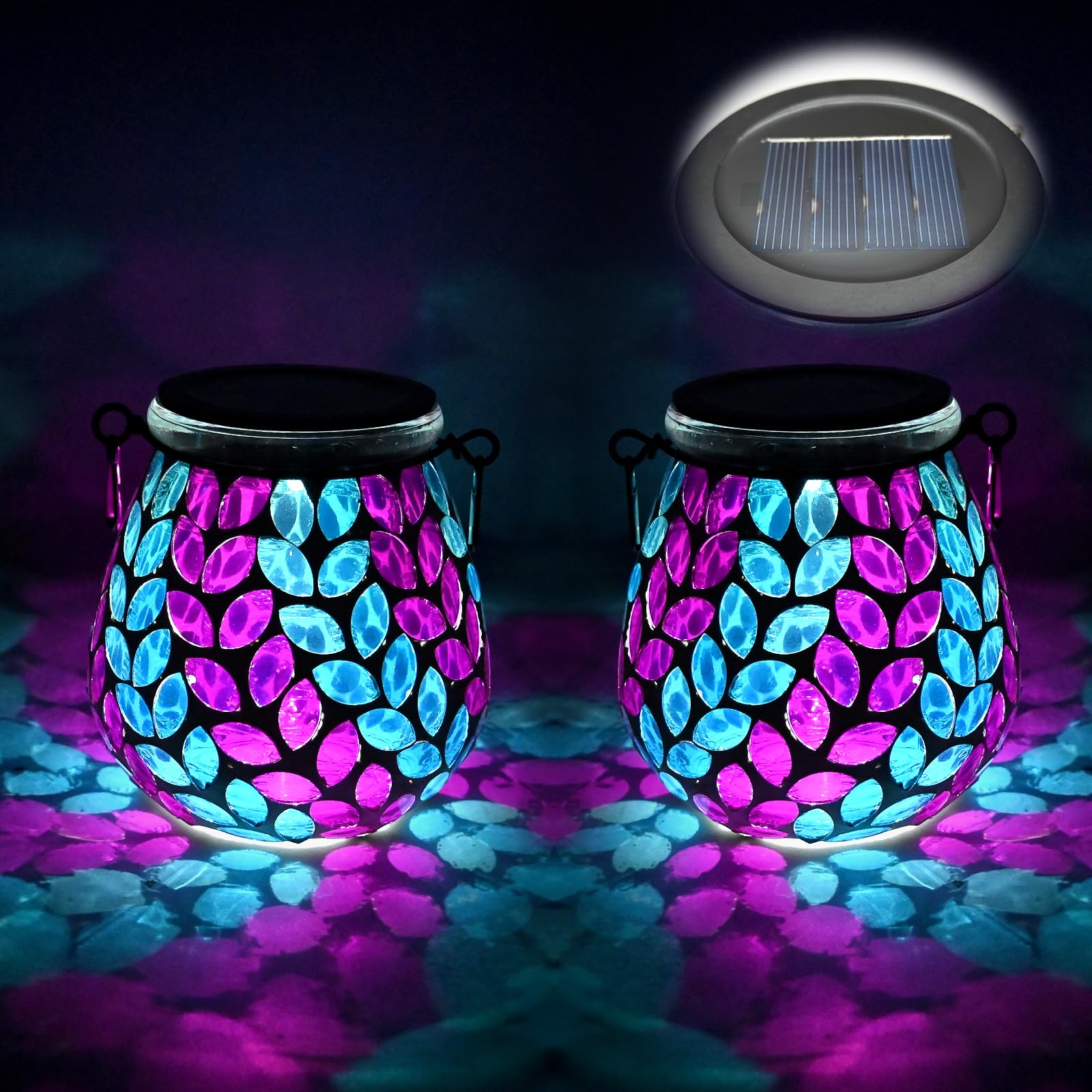 TOTHDATE 2PCS Oval Solar Mosaic Lights Outdoor, On/Off Glass Hanging Solar Mosaic Lanterns Lights IP65 Waterproof for Table Lawn Path Courtyard Deck Fence, Olive Branch Mosaic Light