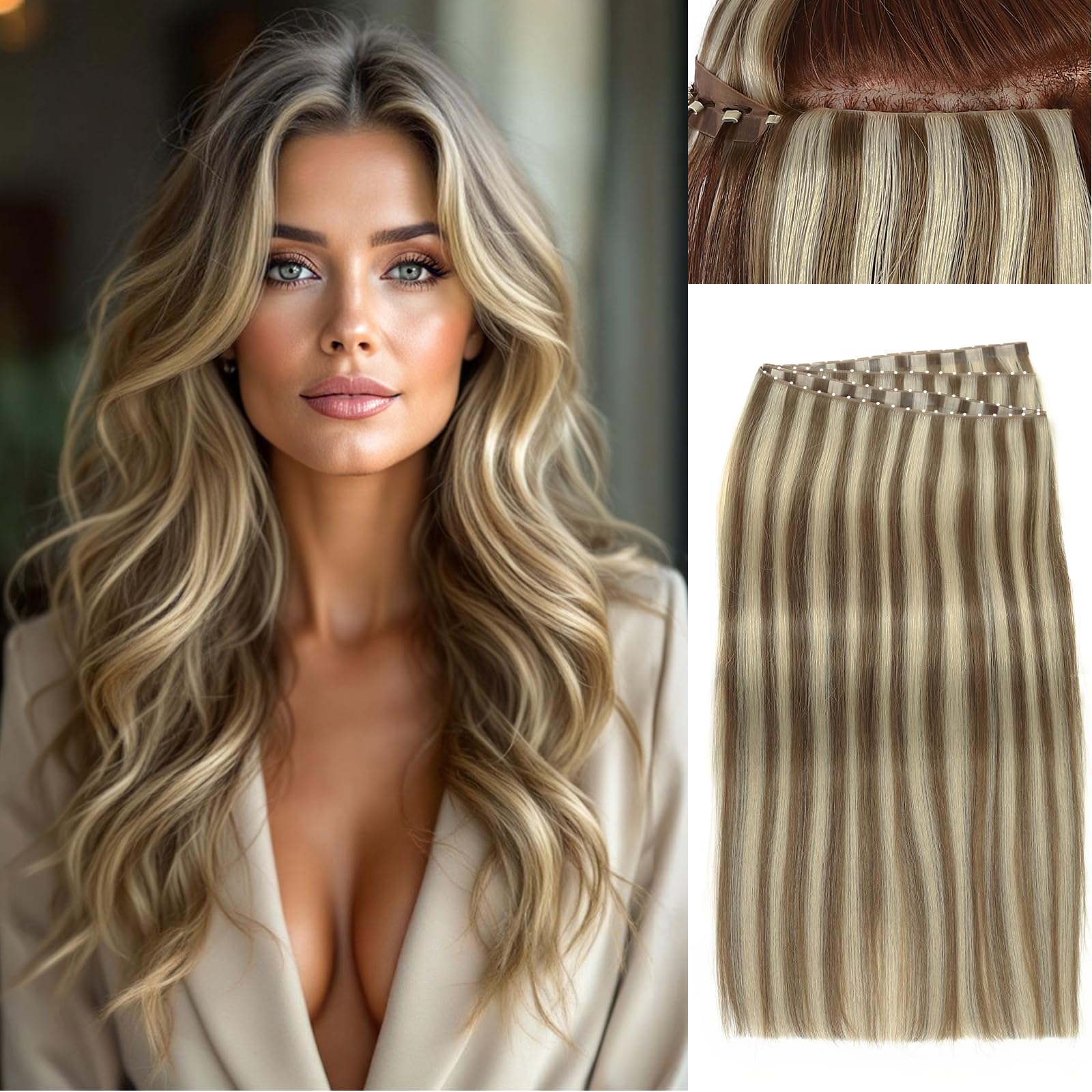Photo 1 of WIGER Genius Butterfly Hair Extensions Real Human Hair Double Layer Hair Extensions Golden Brown Invisible Scalp-simulated Remy Human Hair With Highlights 100g/Pack