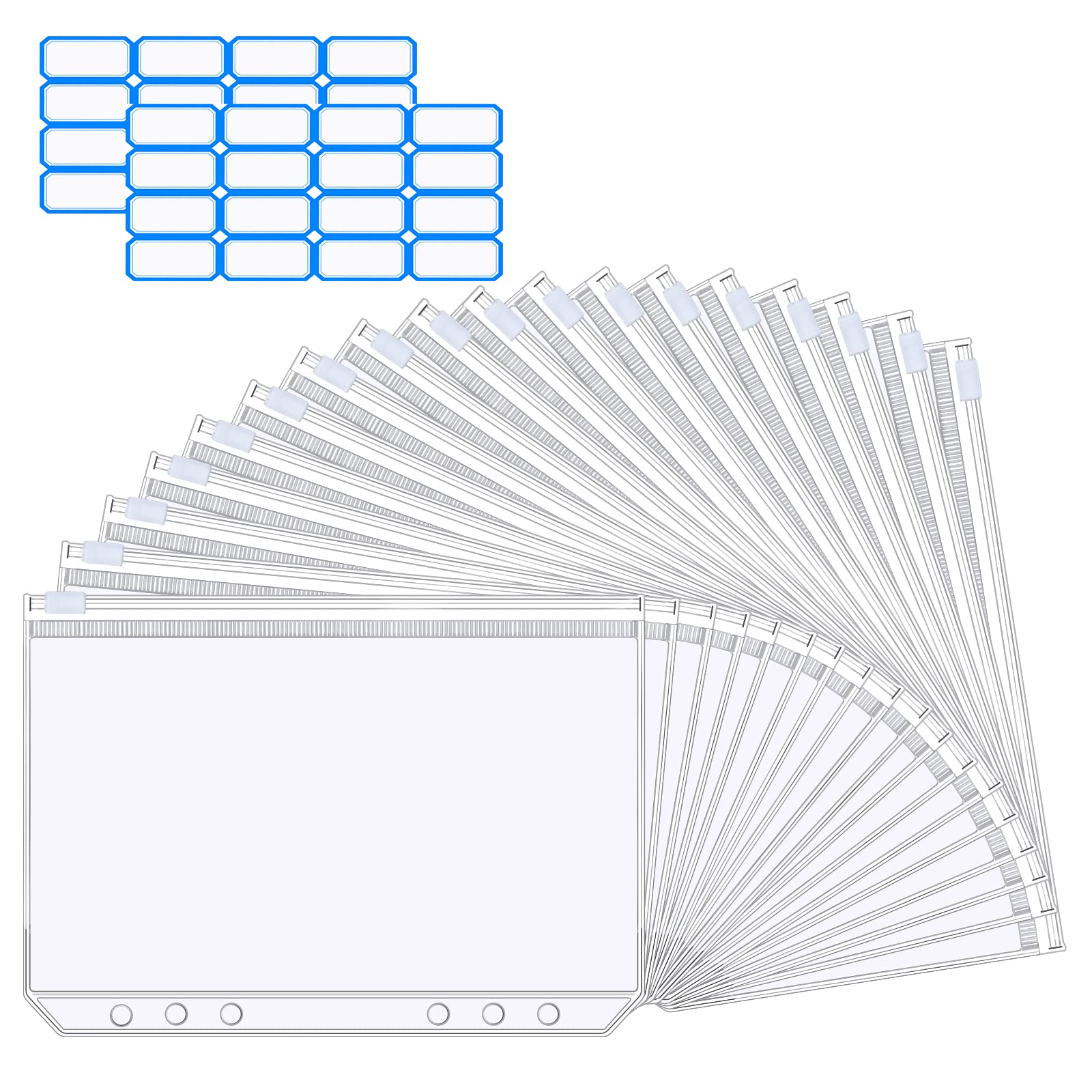 Vicloon A5 Zipper Binder Pockets, 18Pcs Plastic Binder Zipper Folders Loose Leaf Bags with 2 Sheets Removable Label Stickers Money-Saving Cash Envelopes Document Organizer Binder (Transparent)