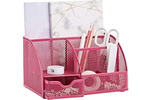 Annova Mesh Desk Organizer Office with 7 Compartments + Drawer/Desk Tidy Candy/Pen Holder/Multifunctional Organizer - Pink - Fuchsia