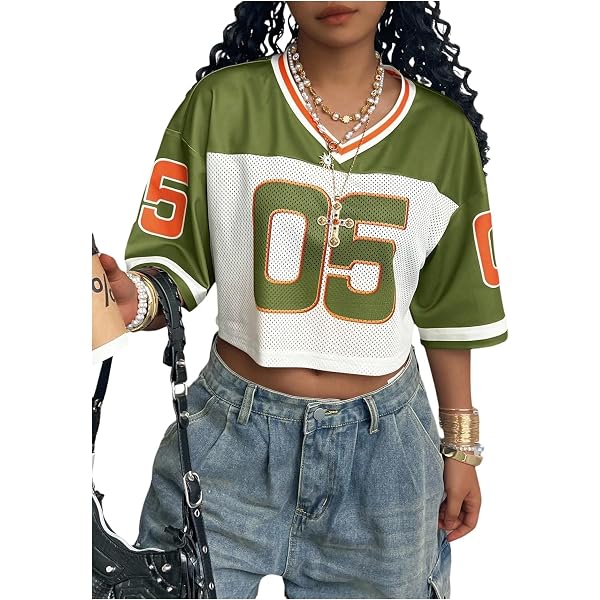 RoseSeek Jersey Shirts for Women Number Print V Neck Mesh Cropped