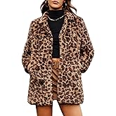 ELLEVEN Women’s Faux Fur Leopard Coat Long Winter Coats, Autumn Notch Lapel Jackets with Pockets