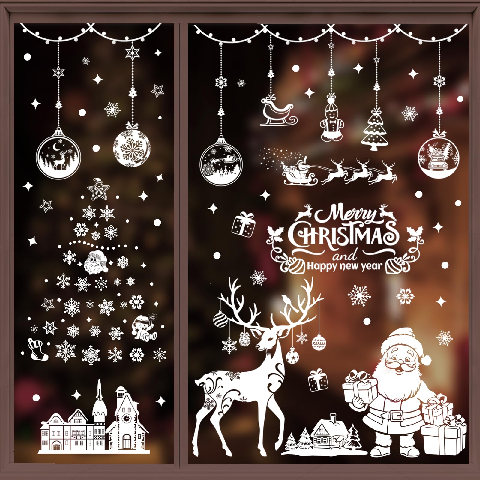 Nepfaivy Christmas Window Stickers Reusable 202Pcs - Double Sided Xmas Window Stickers Christmas Scene, Removable Santa Claus Reindeer Clings for Xmas Decorations