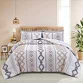 MOVE OVER Tufted Comforter Set King Size Boho Comforter Set 7 Pieces Bed in a Bag King 100% Soft Microfiber Aztec Comforter Set Shabby Chic Farmhouse Style Beige and Gray Fluffy Tufted Bedding Set