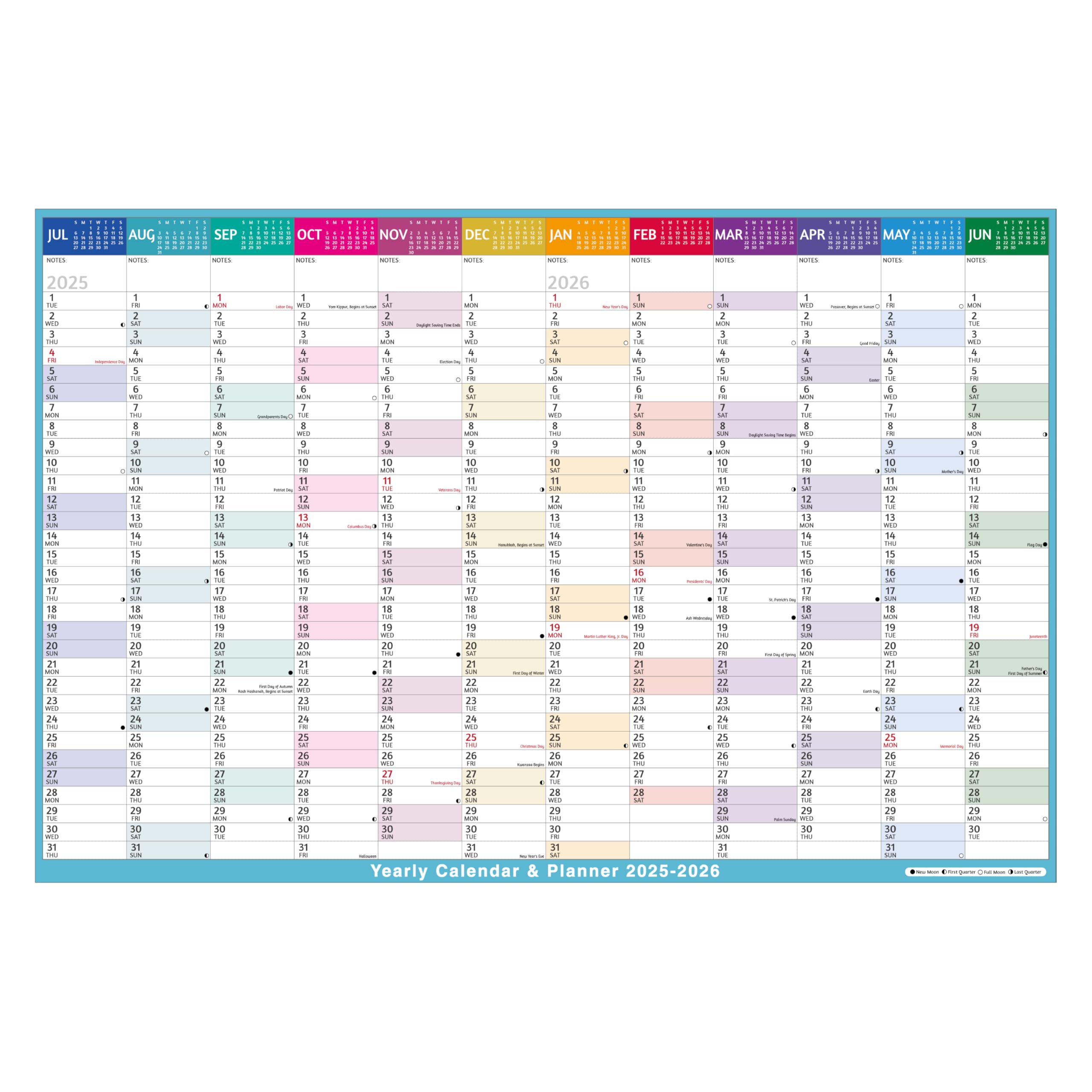 Photo 1 of Yearly Wall Calendar 2025-2026 - Large Yearly Calendar 2025-2026, Jul 2025 - Jun 2026, 38.2" x 25.2" (Open), 2025 Calendar 12 Months, Paper with Moon Phase, Notes, Stickers, All At One Page