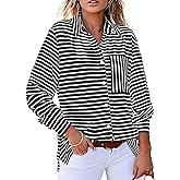 Astylish Women's 2025 Oversized Long Sleeve Shirts Button Up Striped Collared Front Pocket Top