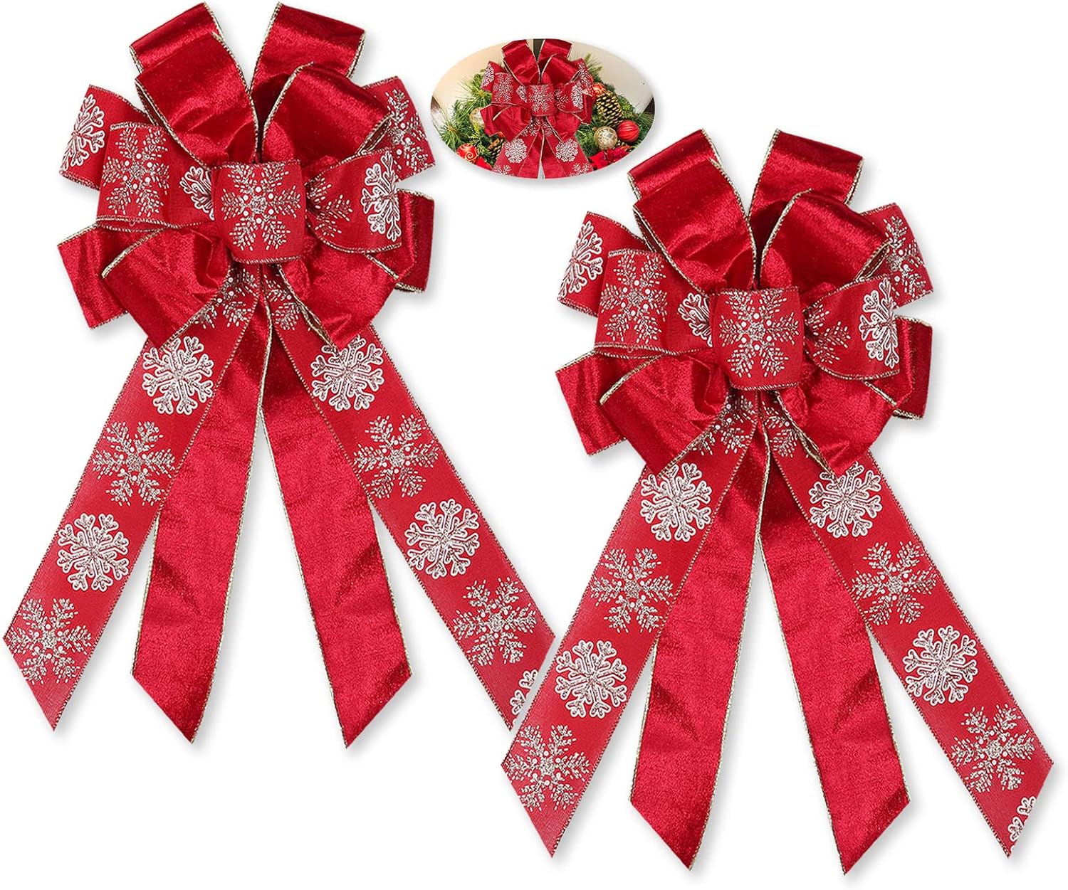 Bows & Ribbons - Lakiyfye Red Bows for Christmas Tree 2 Pcs Red Bows Snowflake Pattern Velvet Fabric Bows New Year Party Decor for Christmas Dinner Party Fireplace Christmas Home Garden Party (Snowflake)