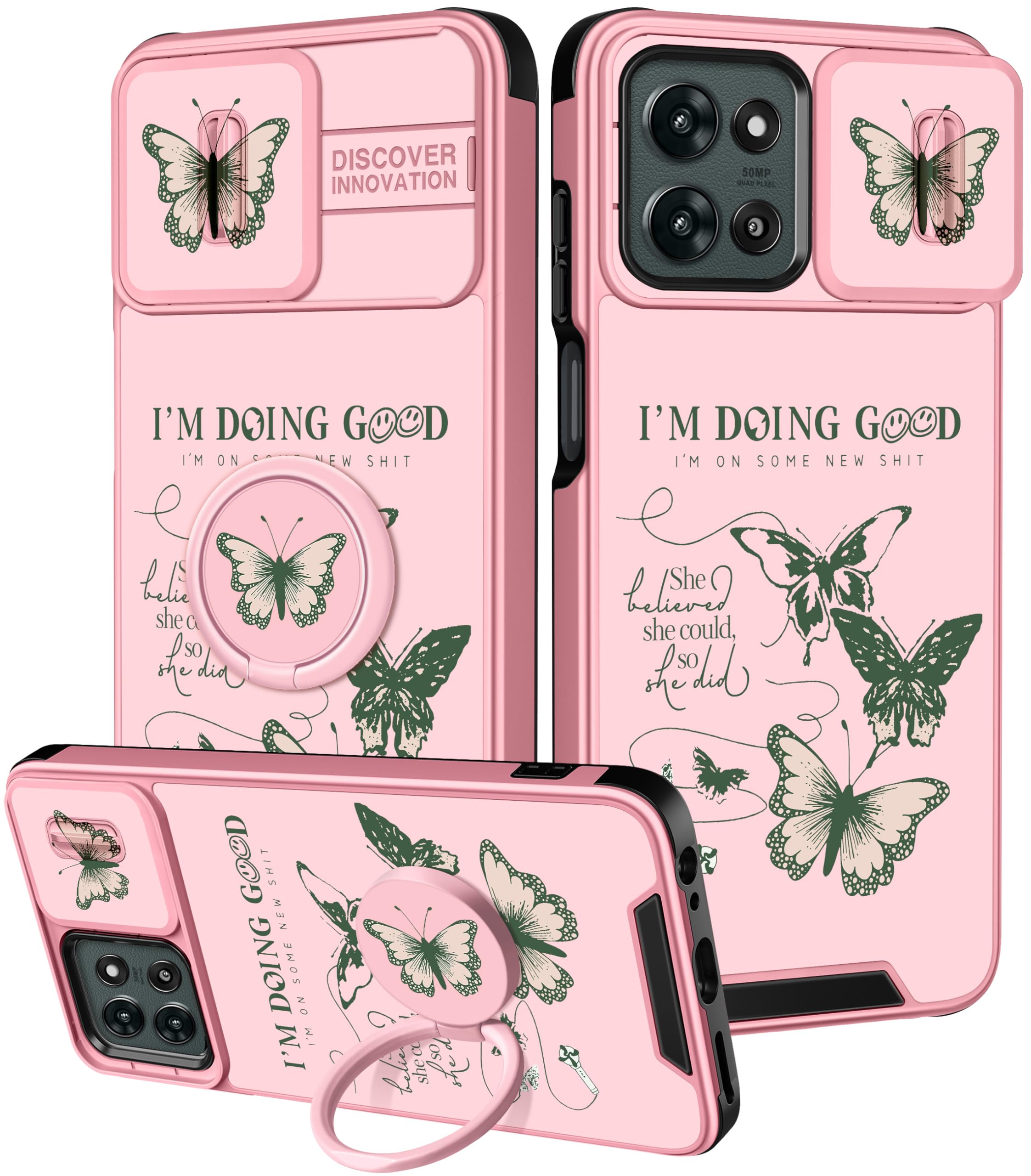 Funermei for Moto G 5G 2026/G Play 2026,for Moto G 5G 2025 Case - Women Girls Cute Phone Cover Green Butterfly Design with Camera Cover and Ring Stand Funda for Motorola G 2025/G 2026/G Play 2026