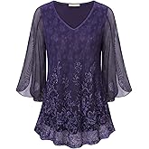 Bebonnie Womens Ruffle 3/4 Sleeve V Neck Double Layers Mesh Blouses Loose Fit Flowy Tunic Tops