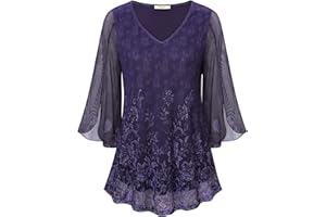 Bebonnie Womens Ruffle 3/4 Sleeve V Neck Double Layers Mesh Blouses Loose Fit Flowy Tunic Tops