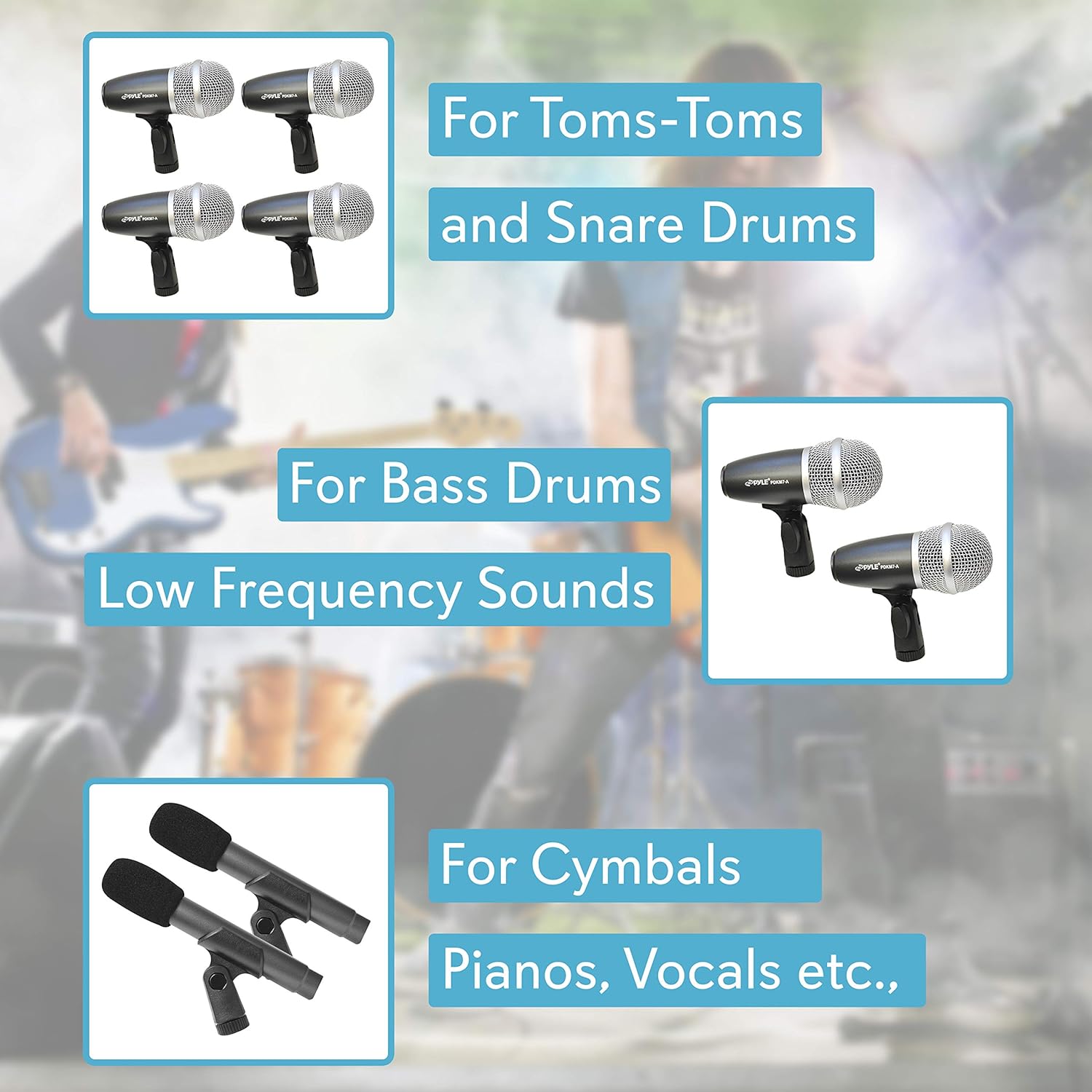 PYLE-PRO Pyle 7-Piece Wired Dynamic Kit-Kick Bass, Tom/Snare & Cymbals Microphone Set-for Drums, Vocal, Other Instrument-Complete with Thread Clip, Inserts, Mics Holder & Case-PDKM7: Musical Instruments