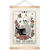HEYJEEPER The Reader Tarot Card Wall Art, 14x18inch Gothic Skeleton Reading Books, Canvas Wall Hanging Poster,Library, Reading Corner Decor,Vintage Witchy Room Decor (Reader)