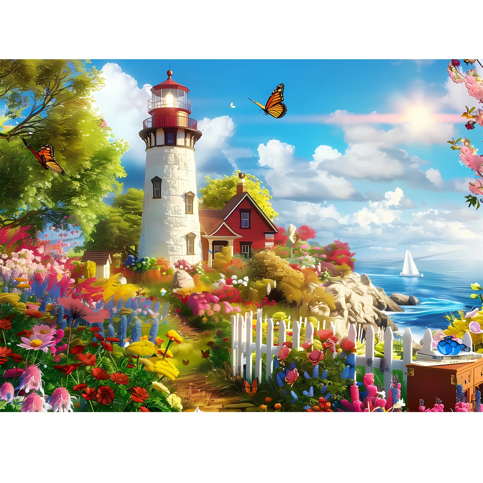 Photo 1 of 500 Pieces Puzzle for Adults Lighthouse Jigsaw Puzzle, Recycled Cardboard Jigsaw Puzzles 500 Pieces, Family Challenging Game, Nature Landscape Difficult Jigsaw Puzzle 20.5×15 in