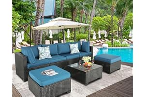 Furnimy Patio Furniture Set Outdoor Sectional Outdoor PE Wicker Furniture Set Patio Rattan Sectional Conversation Sofa Set(Peacock Blue, with Table and Ottoman)