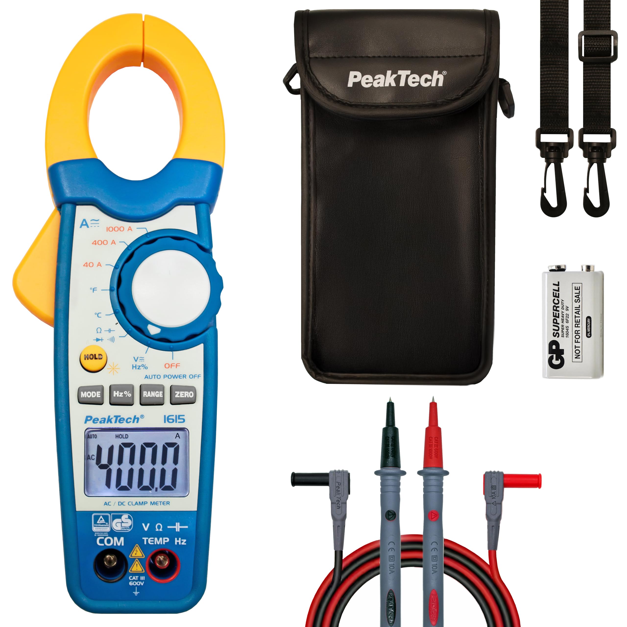 PeakTech 1615 - Digital Clamp Meter, 1000 A AC/DC, Clamp Multimeter, TÜV/GS, CAT III, Current Measurements, 4000 Counts, Contactless Voltmeter, Ammeter, Continuity Tester, Data Hold - Max. 600 V