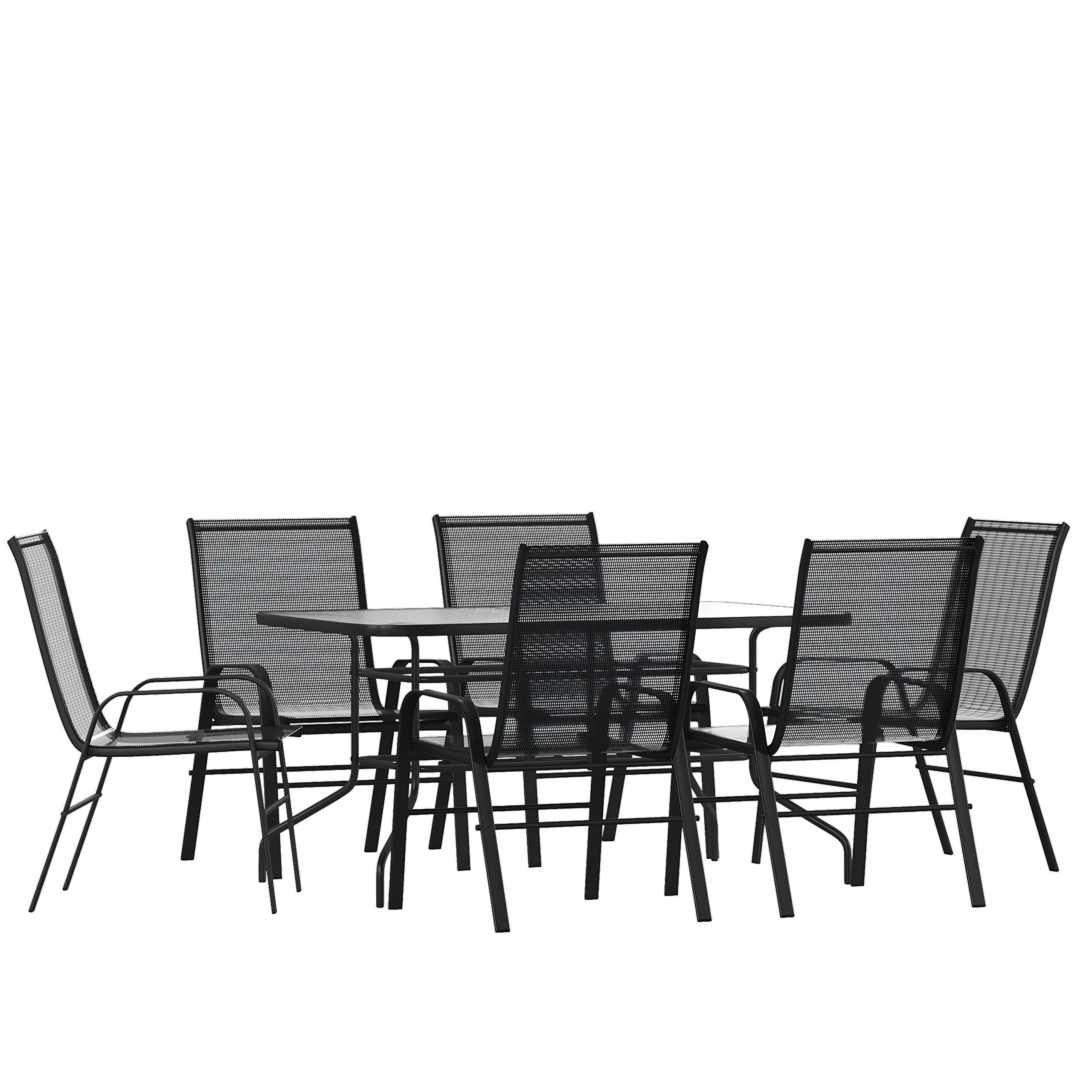 Photo 1 of [just the table] Flash Furniture Brazos Series 7-Piece Glass Patio Table and Chairs Set, Outdoor Dining Set with Table with Umbrella Hole, 6 Sling Patio Chairs, Black