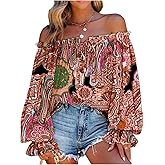 SOLY HUX Women's Boho Off The Shoulder Blouse Paisley Print Flounce Long Sleeve Casual Vacation Tops
