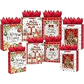 Shintop 8pcs Christmas Gift Bags with Tissue Paper, Assorted Sizes Holiday Paper Pouches with Handles Xmas Wrapping Set for Presents and Party Favors (4 Large 12.6" + 4 Medium 9.6”)