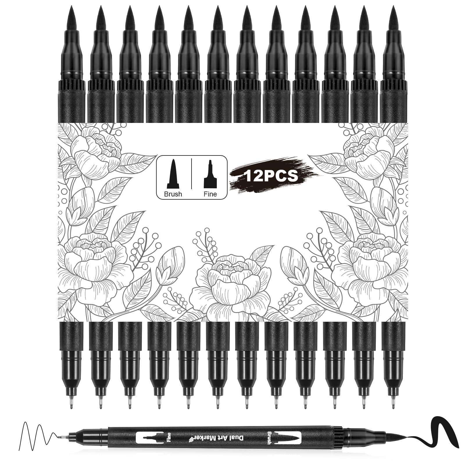 Qianyu 12 Pack Drawing Pens Black Felt Tip Markers Dual Brush Fineliners Pens Fine Calligraphy Brush Pen For Beginners Art Sketching Writing Hand Lettering Scrapbooking Journaling