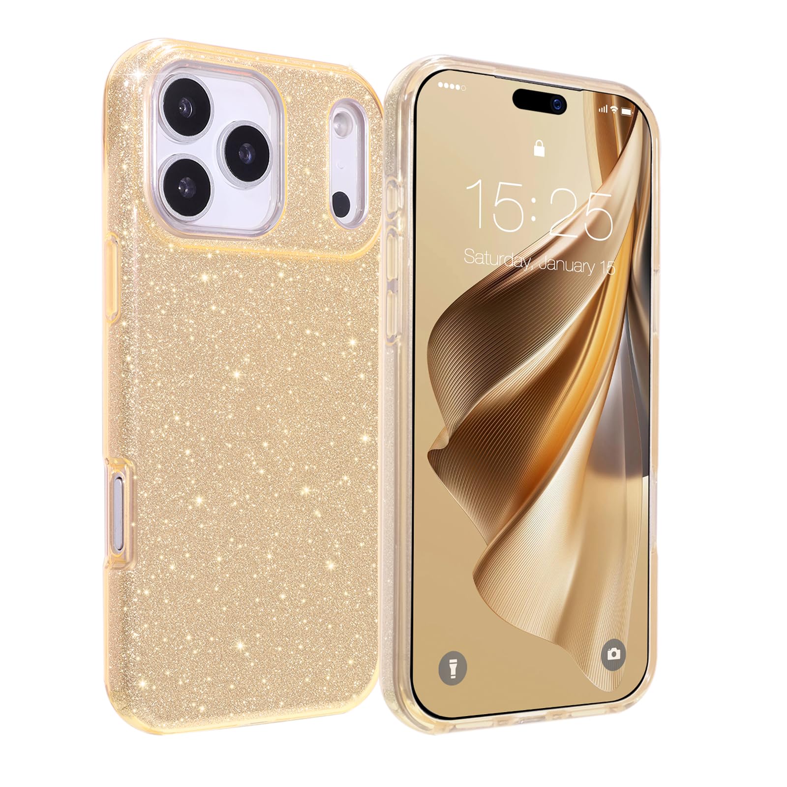 MILPROX Compatible for iPhone 17 Pro Glitter Case 6.3 inch, Stylish Luxury Shiny Sparkle Bling Sparkly Rubber Gel Shell Case Design for Women Girls, Girly Fashion Chic 3 Layers Bumper Cover - Gold