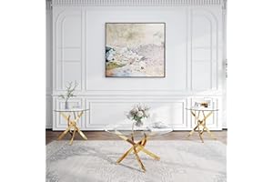 AF ARTISAN FURNITURE Round Glass Coffee Table Set of 3 Modern Living Room Table Set 1 Coffee & 2 End Table Set with Stainless Steel Legs, Clear Center Cocktail Tables (Gold, Set of 3 Round)