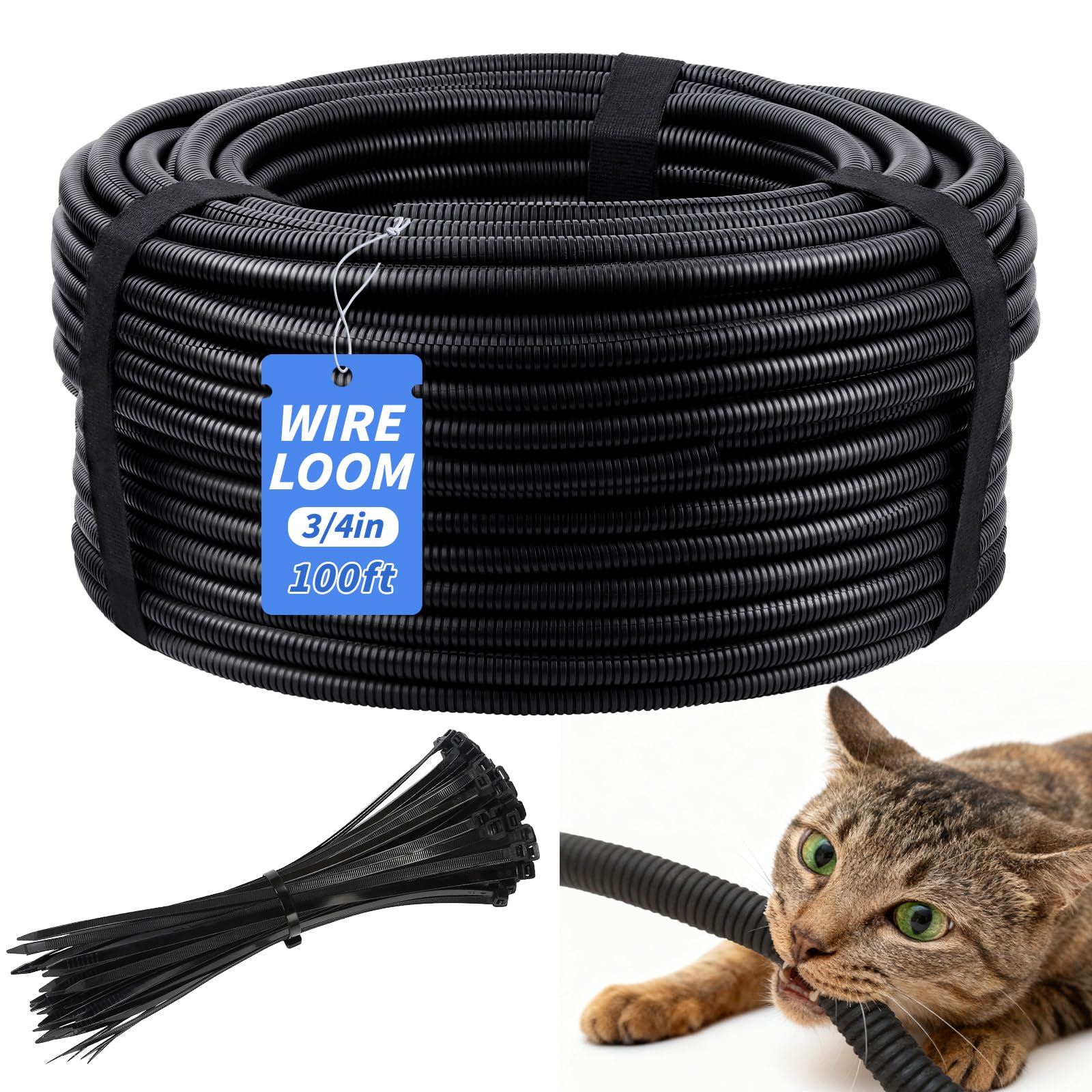 Photo 1 of 100FT Split Wire Loom Tubing, 3/4 Inch Wire Protector Tubing, Automotive Wire Flexible Conduit Cord Covers with 20 Cable Ties for Automotive Marine RV Agriculture Electrical Cable Protection
